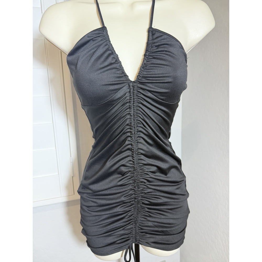 Studio 1011 Black Dress Small Ruched Dress Bodycon Halter Style Y2K Streetwear‎